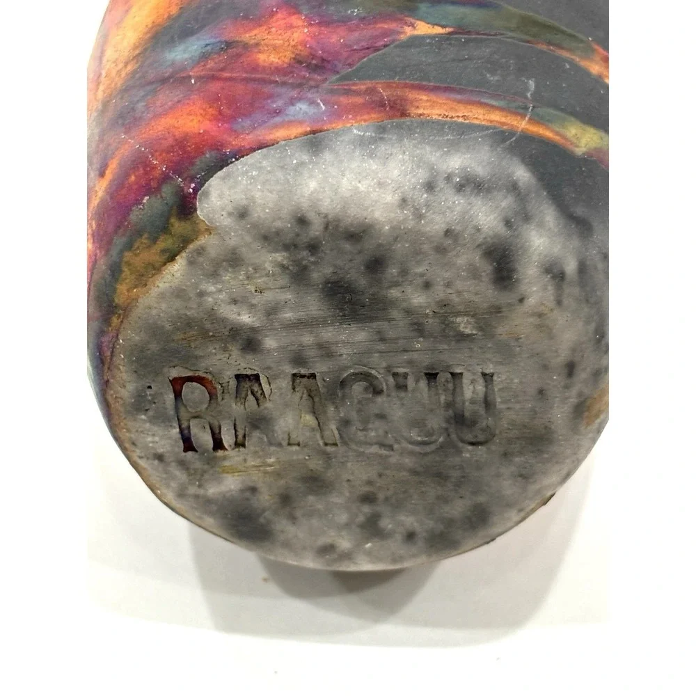 RAACUU Studio Pottery Vase Abstract Multicolor Glaze Handcrafted Stamped Base
